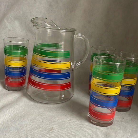 Other - Anchor hocking depression era fiesta band pitcher glasses striped tumbler 5p set